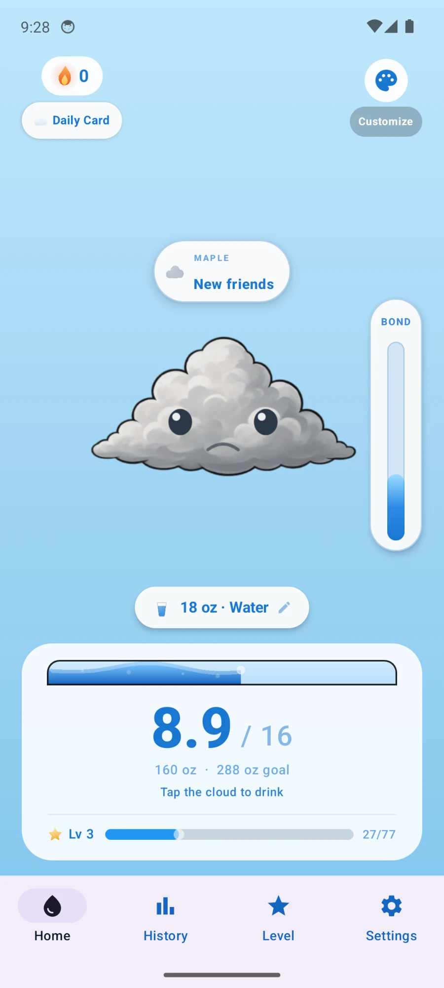 Drenched home screen: Maple the cloud, a bond meter, 8.9 of 16 cups logged toward a 288 oz goal, and level 3.